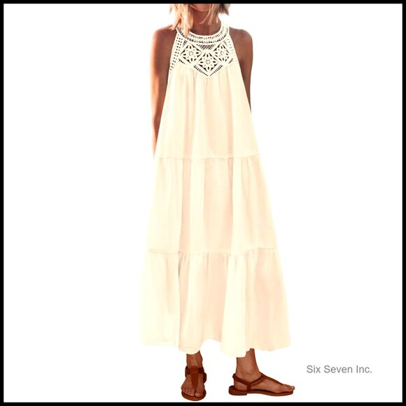 Cotton Blend Halter Maxi Dress Hollow Out Sleeveless Boho Sundress